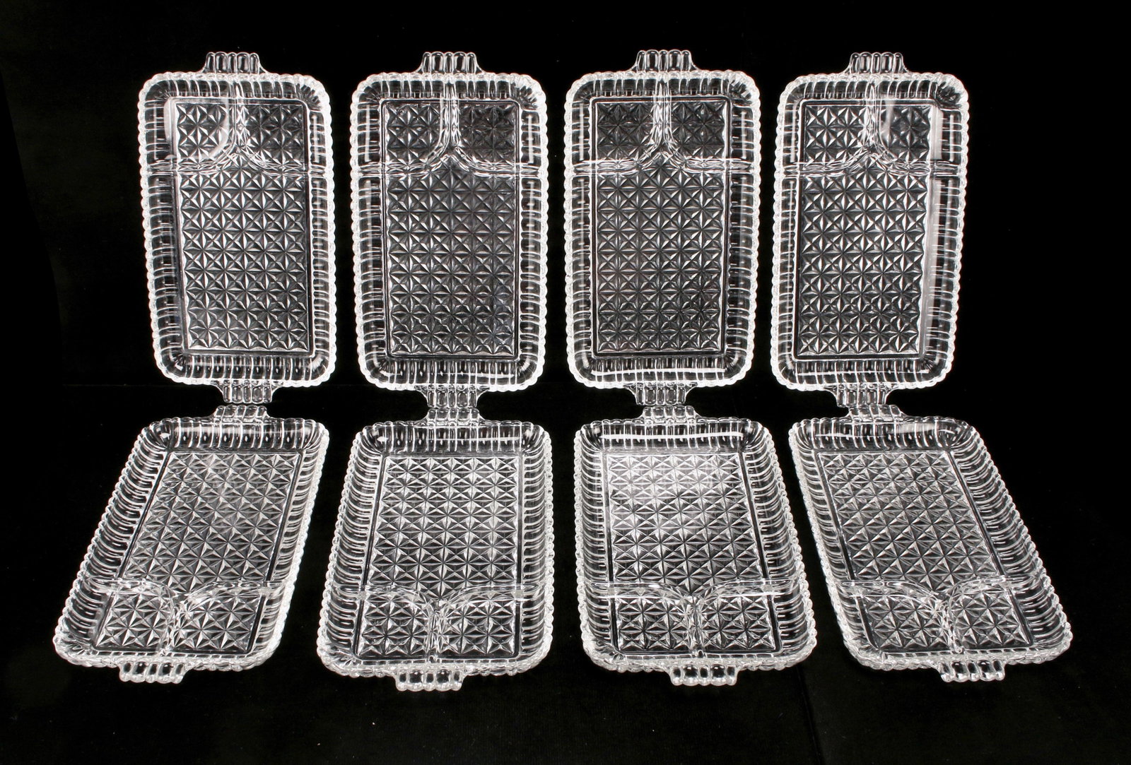 CRYSTAL DIVIDED LUNCHEON BUFFET PLATES TRAYS: CRYSTAL DIVIDED LUNCHEON BUFFET PLATES TRAYS Set of eight tray firm plates with larger section and two smaller divisions. Perfect for appetizers, tapas, or tea cakes.
