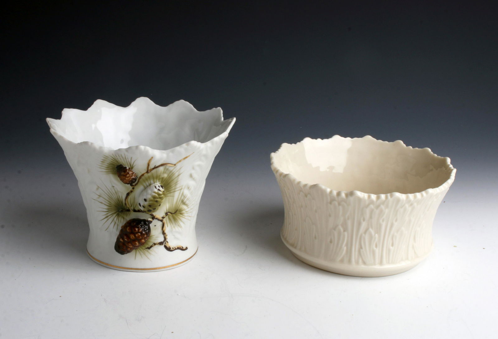 LENOX WINE COASTER LEFTON PINE CONE PLANTER: LENOX WINE COASTER LEFTON PINE CONE PLANTER Lenox wine coaster in overlapping leaf design. Lefton China white bisque leaf patterned small planter with three dimensional painted decoratio