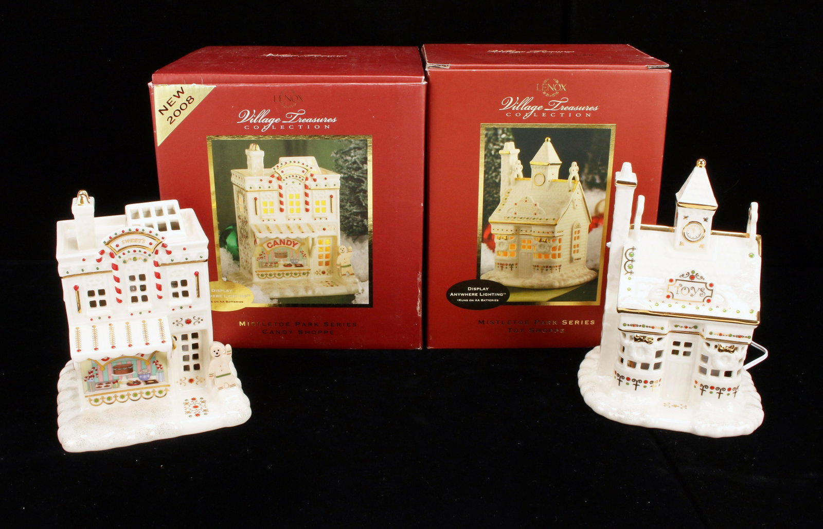 LENOX MISTLETOE PARK SERIES TOY AND CANDY SHOPS: LENOX MISTLETOE PARK SERIES TOY AND CANDY SHOPS Includes Toy Shoppe retired in 2009, and Candy Shoppe introduced in 2008. Both in original boxes. 7 1/2"