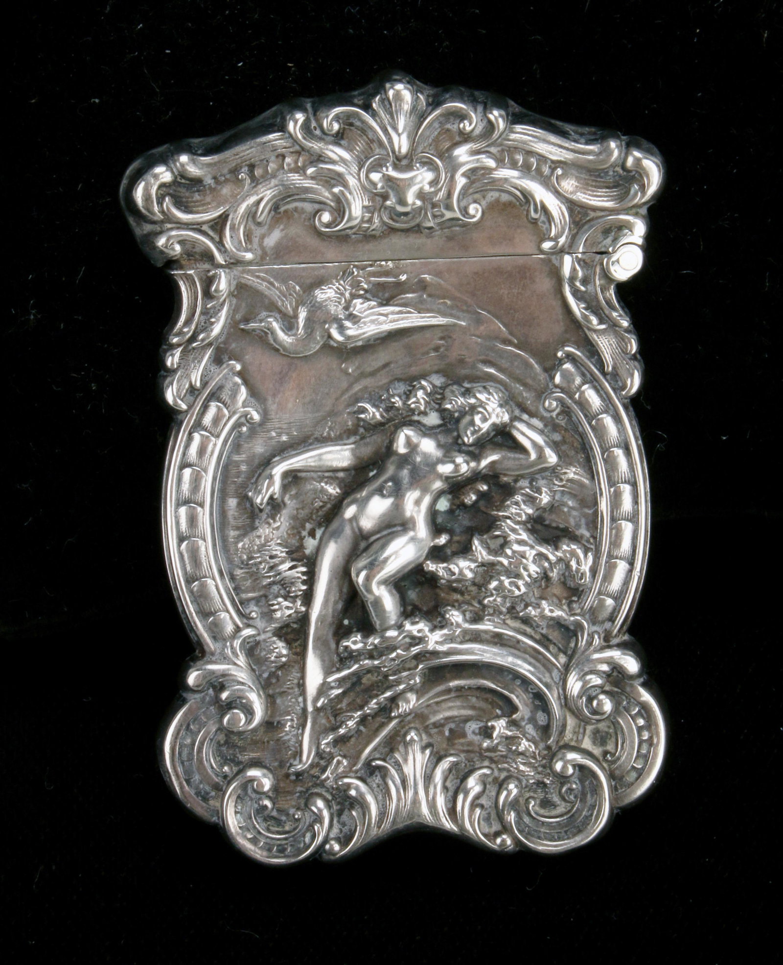 VINTAGE ART NOUVEAU SILVER MATCH SAFE, MONEY CLIP: VINTAGE ART NOUVEAU SILVER MATCH SAFE, MONEY CLIP Unmarked, untested silver Art Nouveau match safe with bas relief nude on front and monogrammed on back. Striker at the bottom. Lot inclu