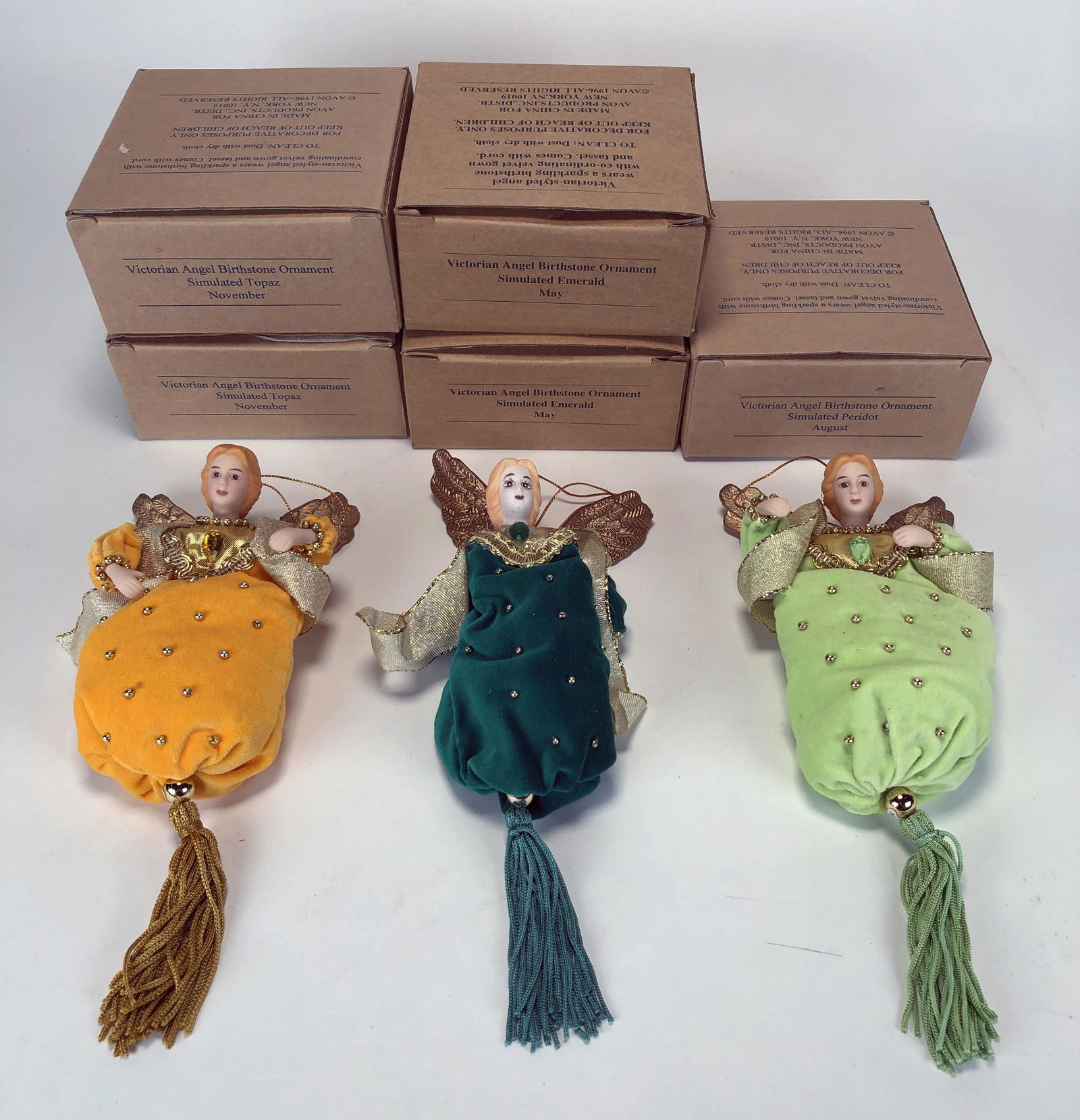 Five Avon Victorian Angel Birthstone Ornaments In Box