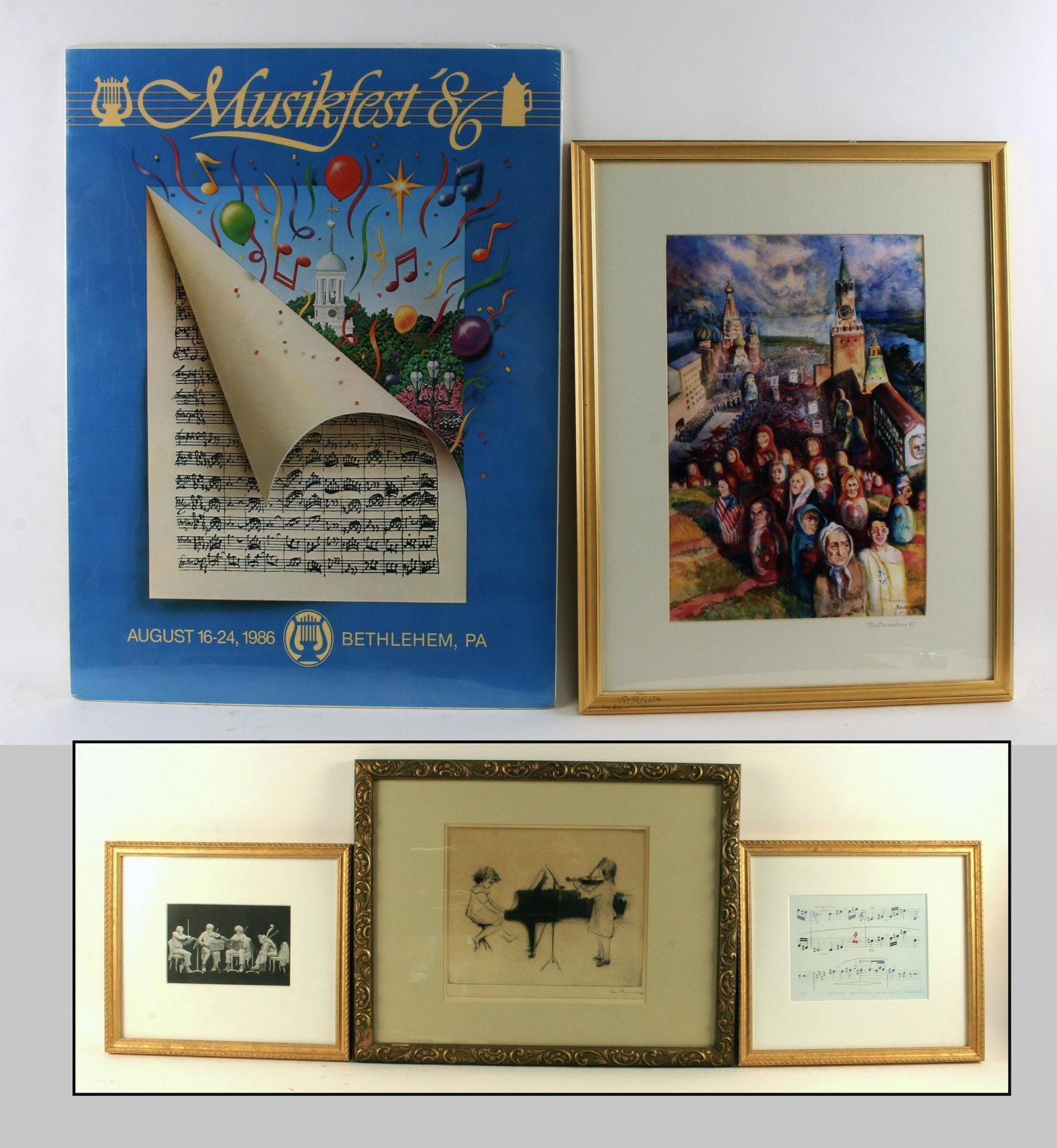 5 MUSIC THEMED PRINTS: 5 MUSIC THEMED PRINTS Musikfest '86 poster, the festival in Bethlehem, PA. Two prints of people playing music. A print of sheet music. One print signed Katsenelson 92.