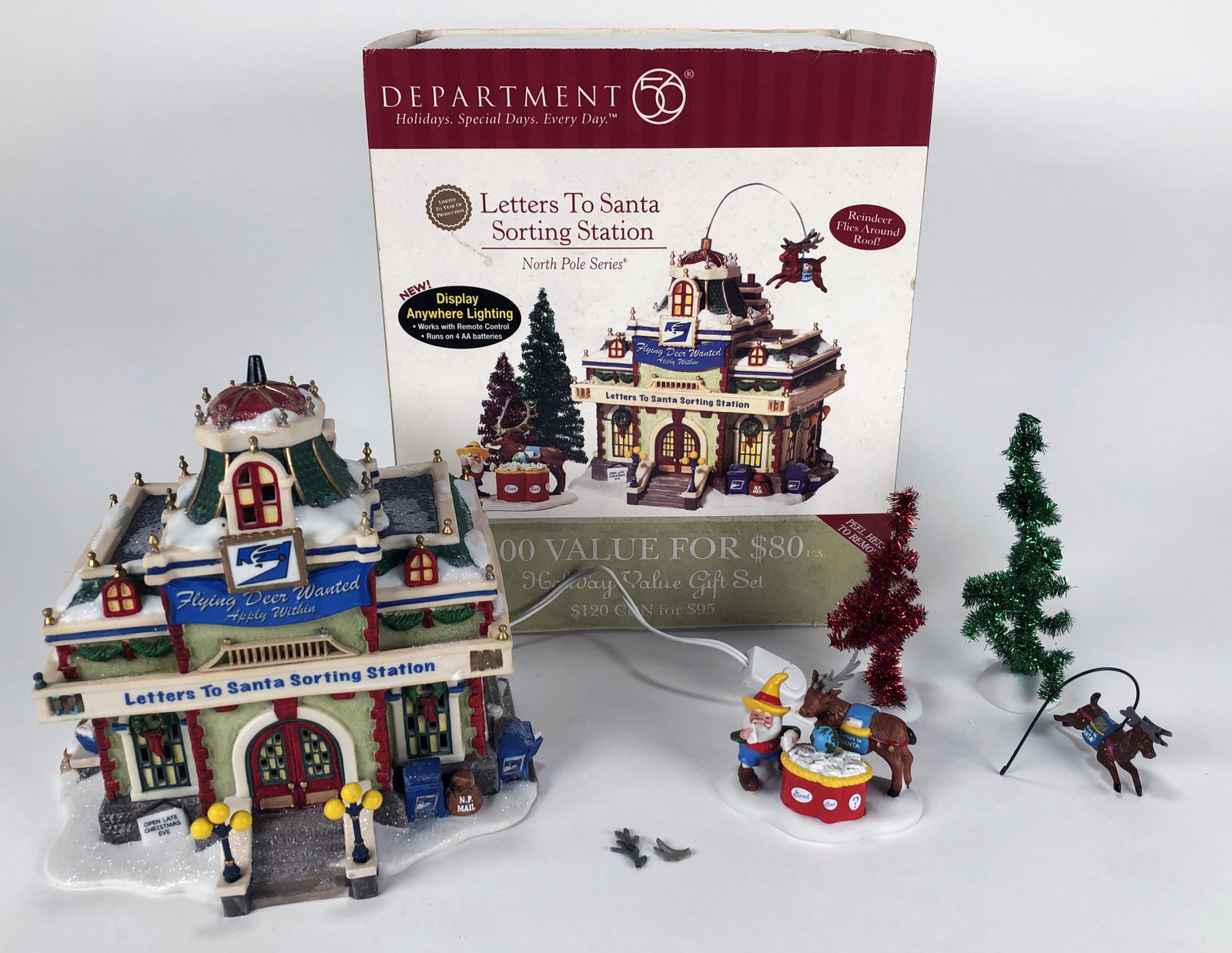 DEPARTMENT 56 LETTERS TO SANTA SORTING STATION: DEPARTMENT 56 LETTERS TO SANTA SORTING STATION Sorting Station and separate "Sorting Santa's Letters" accessory included. One reindeer flies around roof. Remote control operat