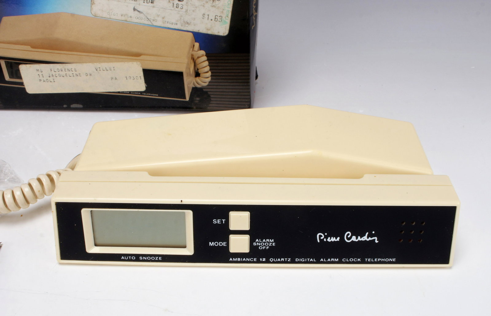 GROOVY PIERRE CARDIN QUARTZ DIGITAL ALARM PHONE: GROOVY PIERRE CARDIN QUARTZ DIGITAL ALARM PHONE A vintage item with a futuristic design helping people wake up in style for 40 years. In box. Not tested. 8