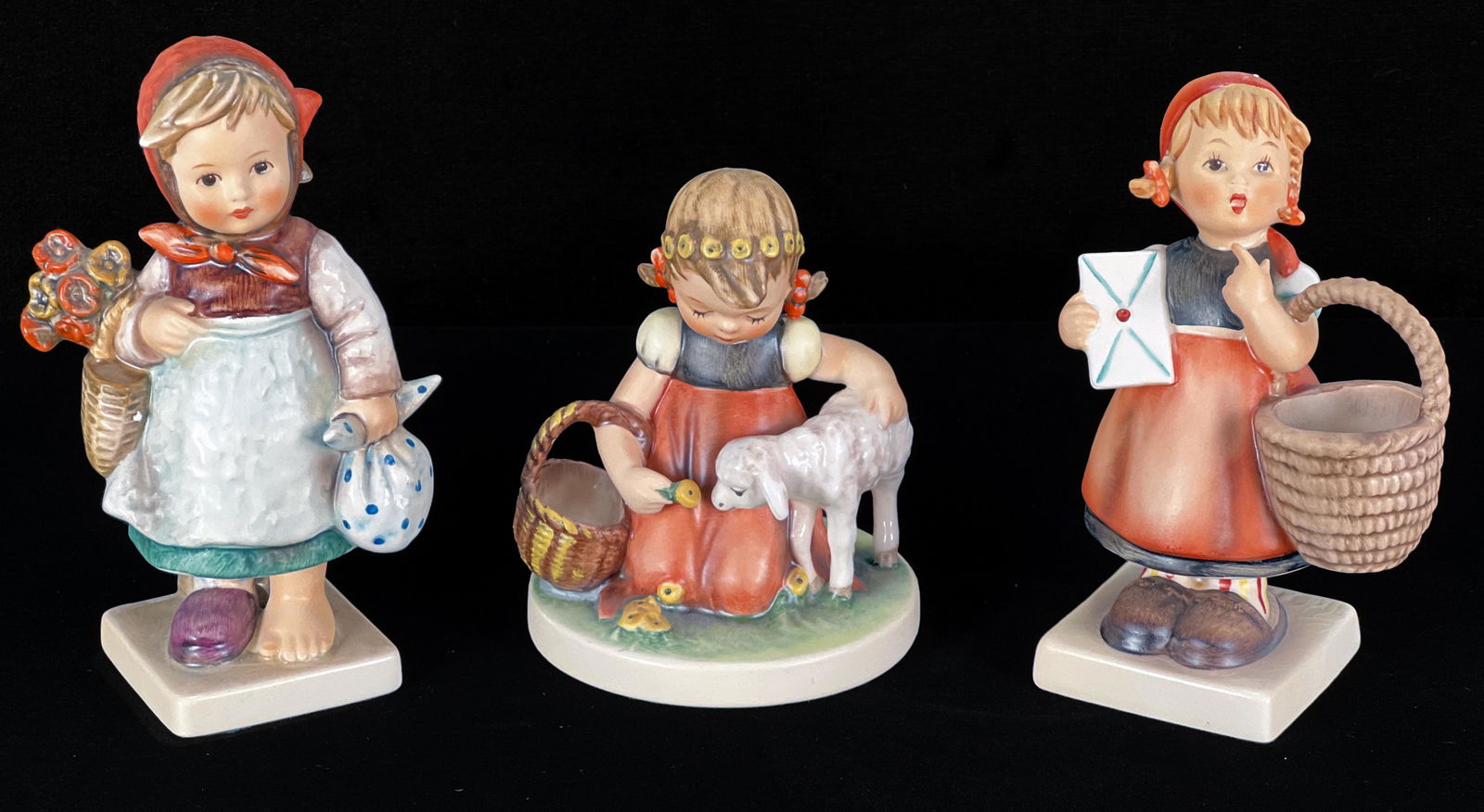 3 GOEBEL HUMMELS BASKET CARRYING GIRLS TMK-6: 3 GOEBEL HUMMELS BASKET CARRYING GIRLS TMK-6 Artist signed. Includes Favorite Pet, Meditation, and Weary Wanderer. 6" Shipping:<