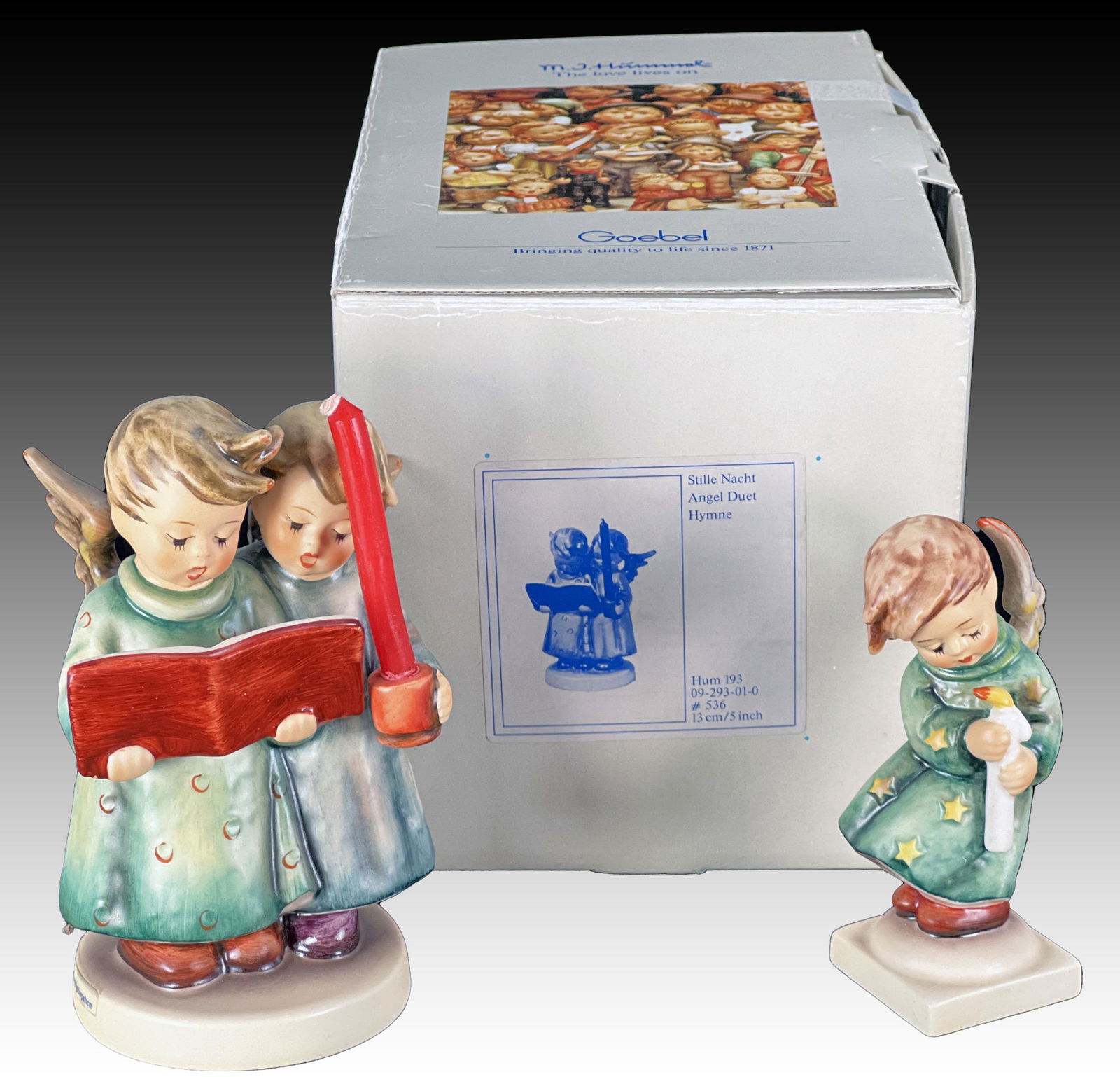 TWO ANGELIC GOEBEL HUMMELS TMK-5 AND 6: TWO ANGELIC GOEBEL HUMMELS TMK-5 AND 6 Includes Angel Duet candle holder with original candle. And Heavenly Angel 21/0. 8 1/2" X 5 1/2" X 5 1/2&q