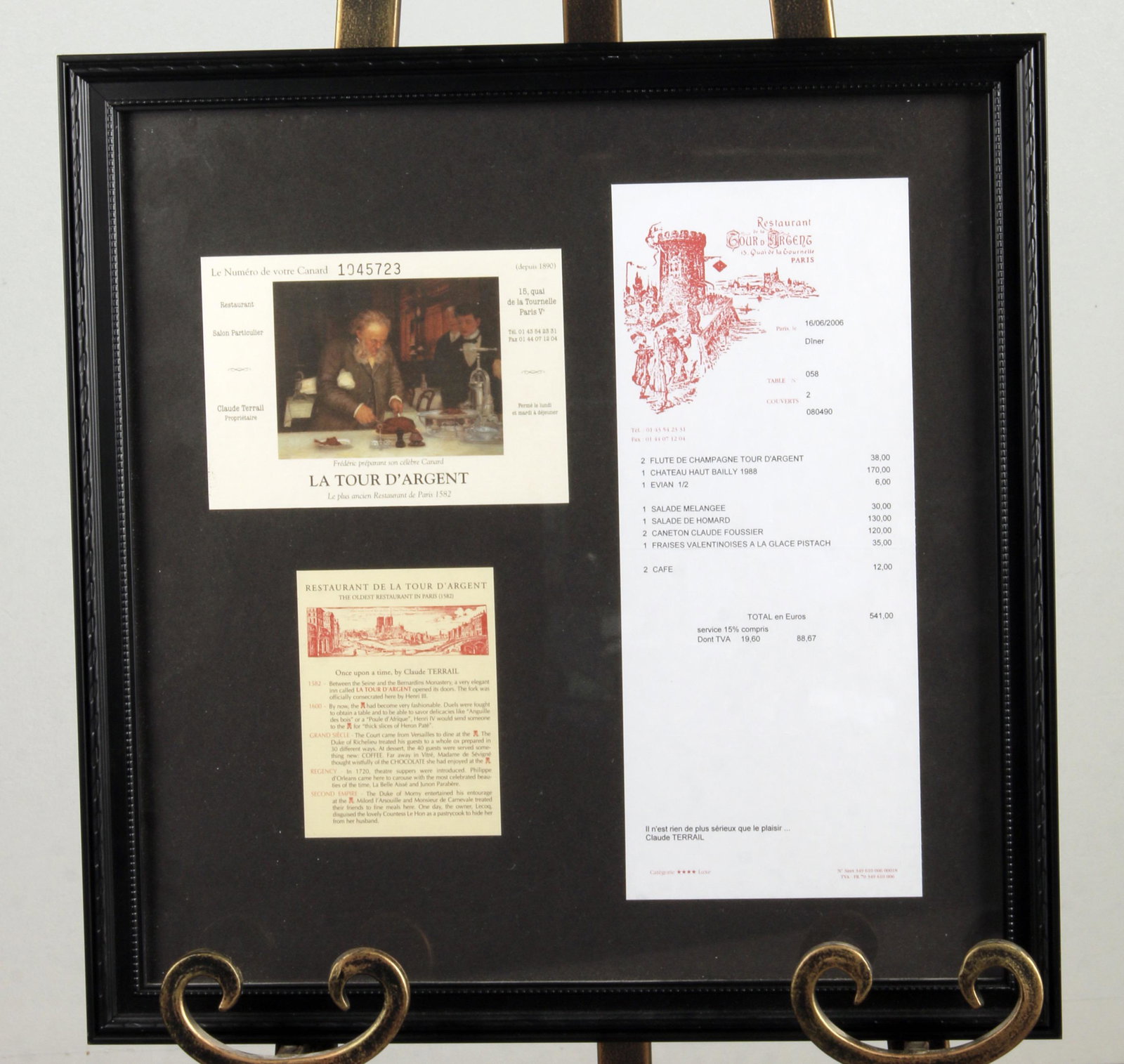 LA TOUR D'ARGENT RESTAURANT MENU & TICKET: LA TOUR D'ARGENT RESTAURANT MENU & TICKET La Tour D'Argent is a restaurant in Paris that's been around since 1582. 16" X 16"