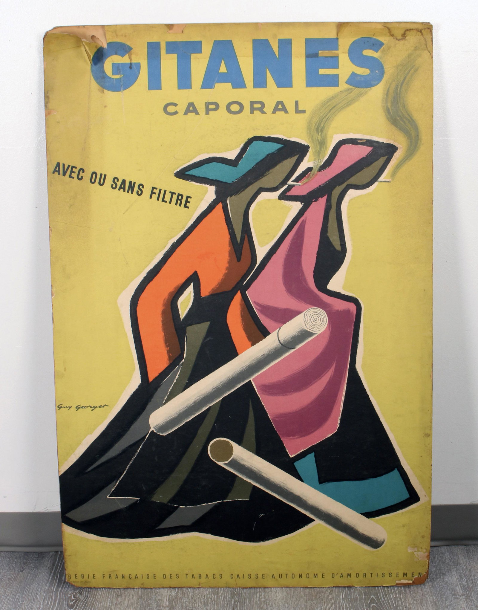 ORIGINAL VINTAGE GITANES CIGARETTE AD POSTER: ORIGINAL VINTAGE GITANES CIGARETTE AD POSTER By Guy Georget (1911-1992) Advertising Poster For Gitanes Caporal Cigarettes </