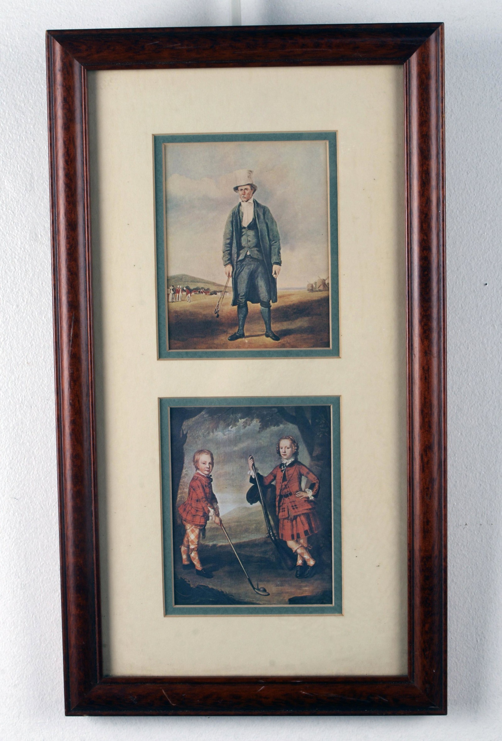 PRINTS OF VINTAGE GOLF PAINTINGS: PRINTS OF VINTAGE GOLF PAINTINGS Two window-mat with prints of a golfer, and two Scottish children on a golf course. 9 1/4" X 16 1/2" <