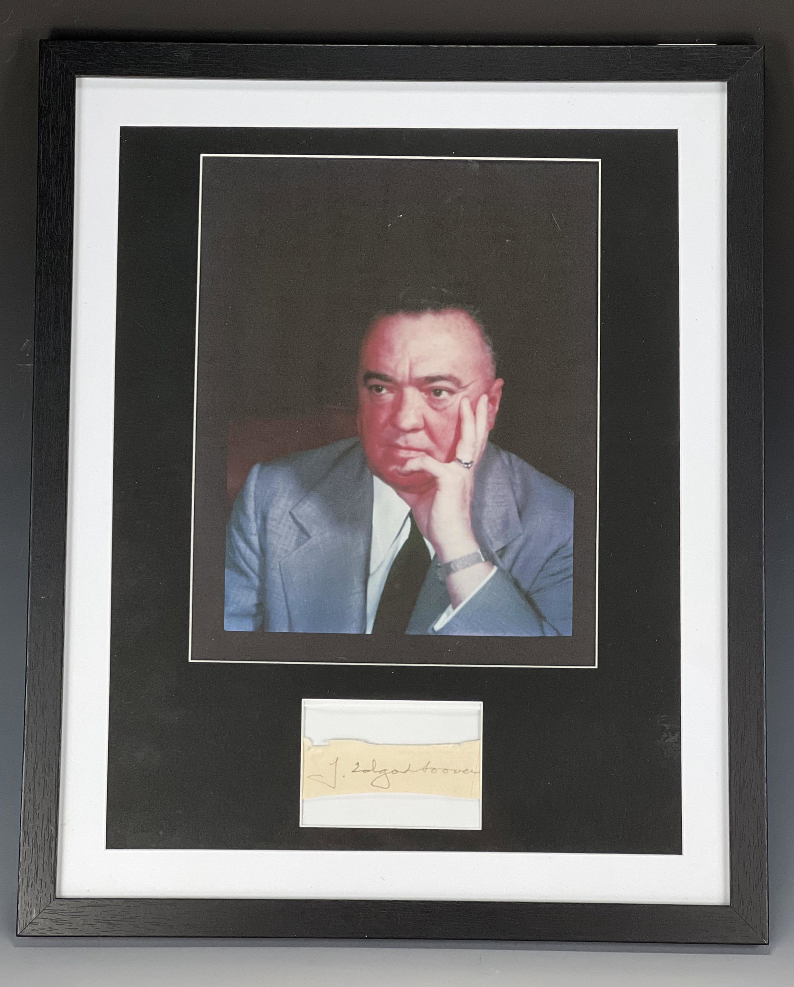 J. EDGAR HOOVER SIGNATURE WITH COA: J. EDGAR HOOVER SIGNATURE WITH COA Double matted frame with image of J. Edgar Hoover and signature on paper below. COA included. Converse Auctions does not authenticate<