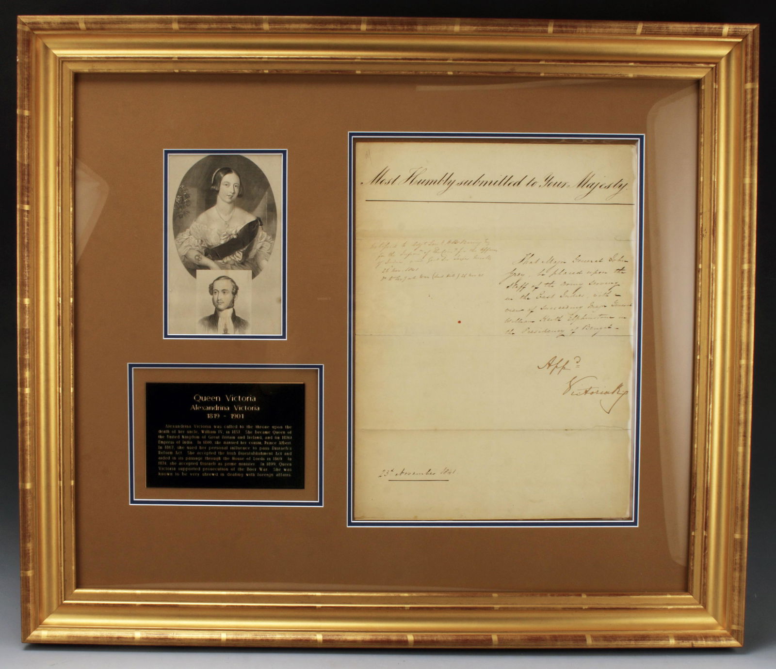 QUEEN VICTORIA SIGNED DOCUMENT IN FRAME: QUEEN VICTORIA SIGNED DOCUMENT IN FRAME Document signed commission requesting "Maj. Gen/ John Grey succeed Maj. Gen. William Keith Elphinstone in the Predidency of Bengal". Sig