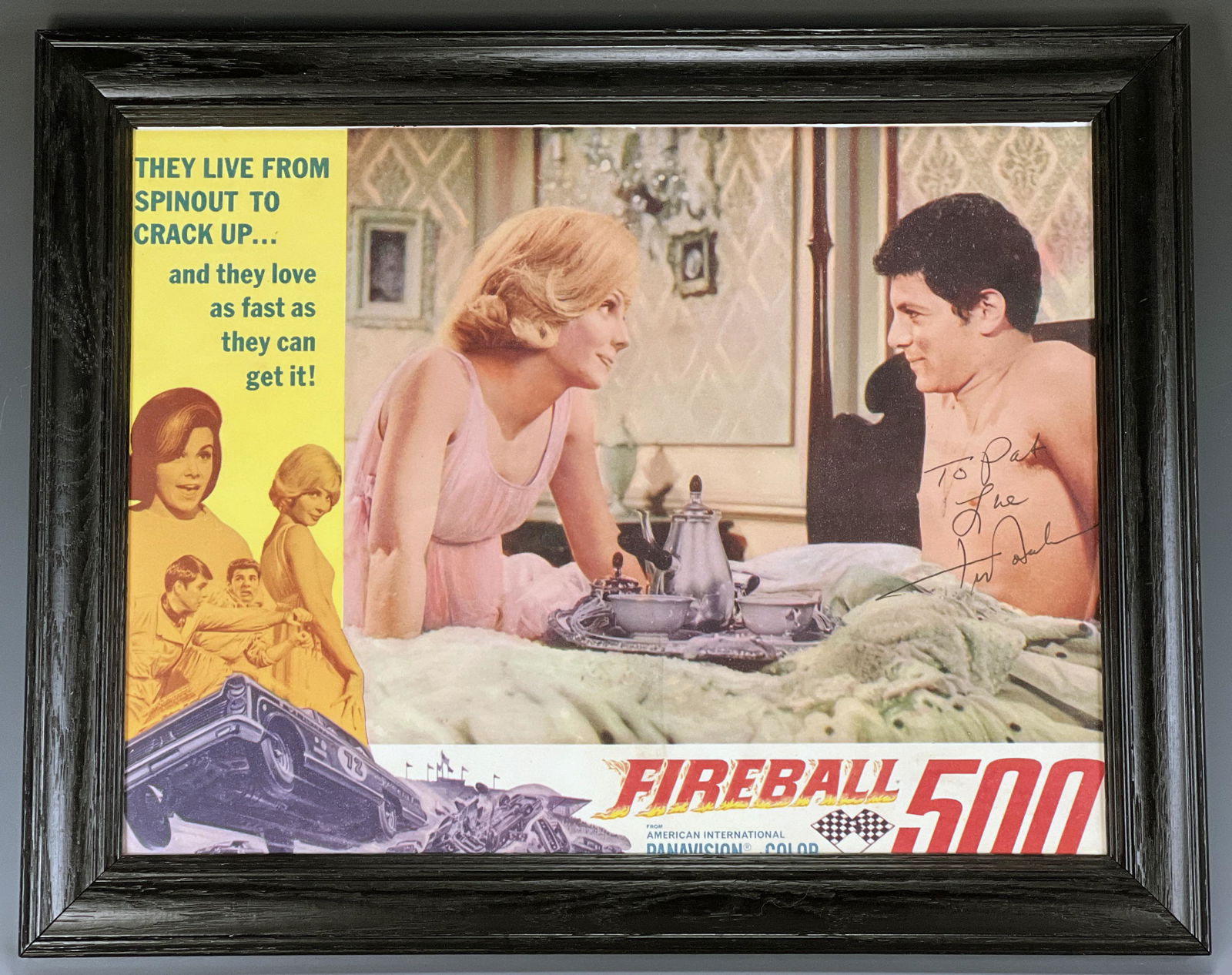SIGNED FIREBALL 500 FRANKIE AVALON LOBBY CARD: SIGNED FIREBALL 500 FRANKIE AVALON LOBBY CARD Lobby card for the stock car racing meets beach party film with Frankie and Annette among others. Frankie Avalon signature on right side.
