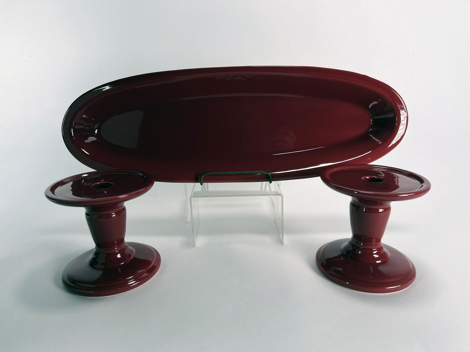 PAIR RED HOLIDAY CANDLE HOLDERS AND DISH (1 of 2)