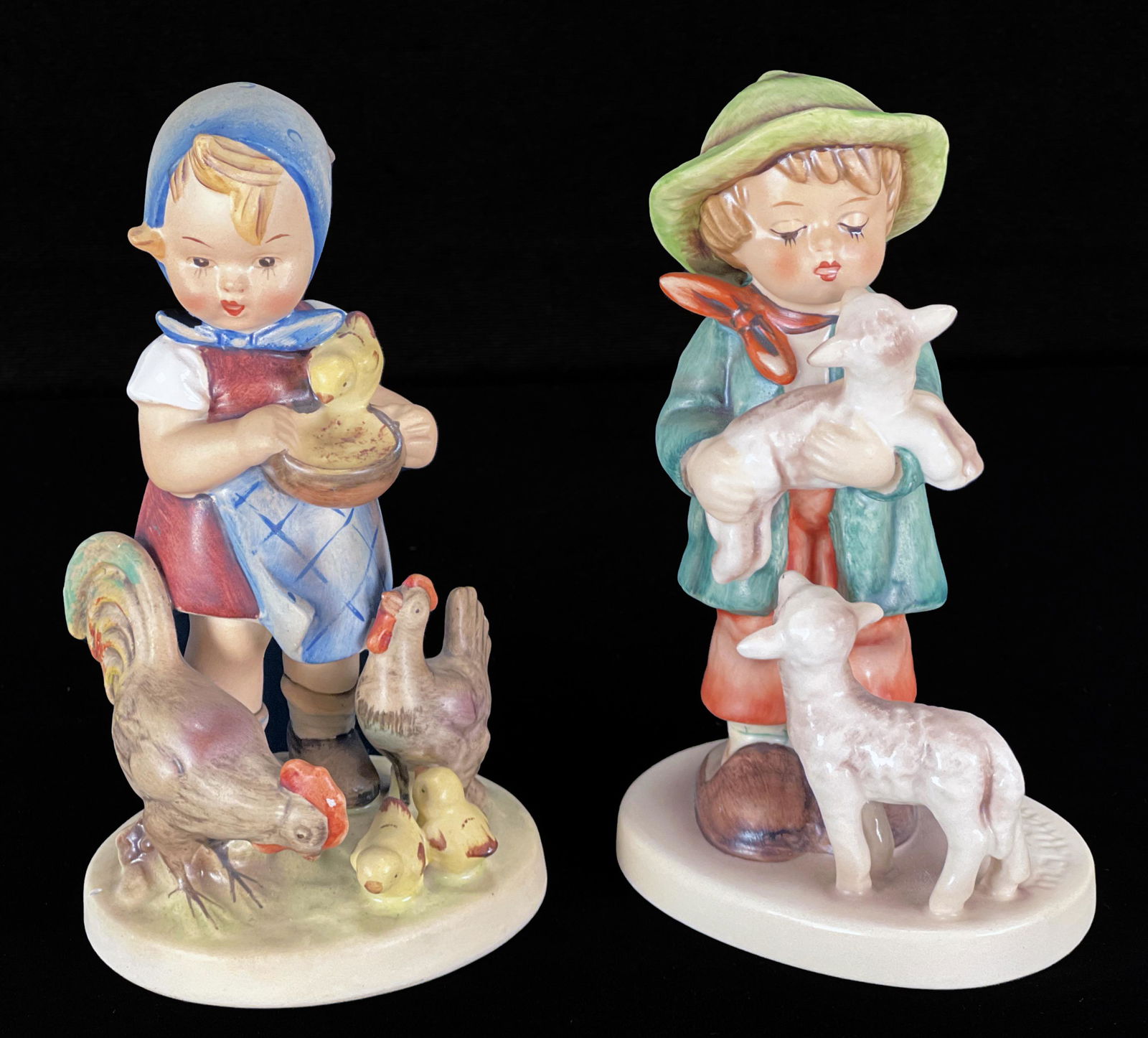 GOEBEL HUMMELS WITH BANYARD ANIMALS TMK-1 AND 6: GOEBEL HUMMELS WITH BANYARD ANIMALS TMK-1 AND 6 Includes Feeding Time TMK-1 and Shepherd's Boy TMK-6. 5 3/4" x 3 1/4" x 3"