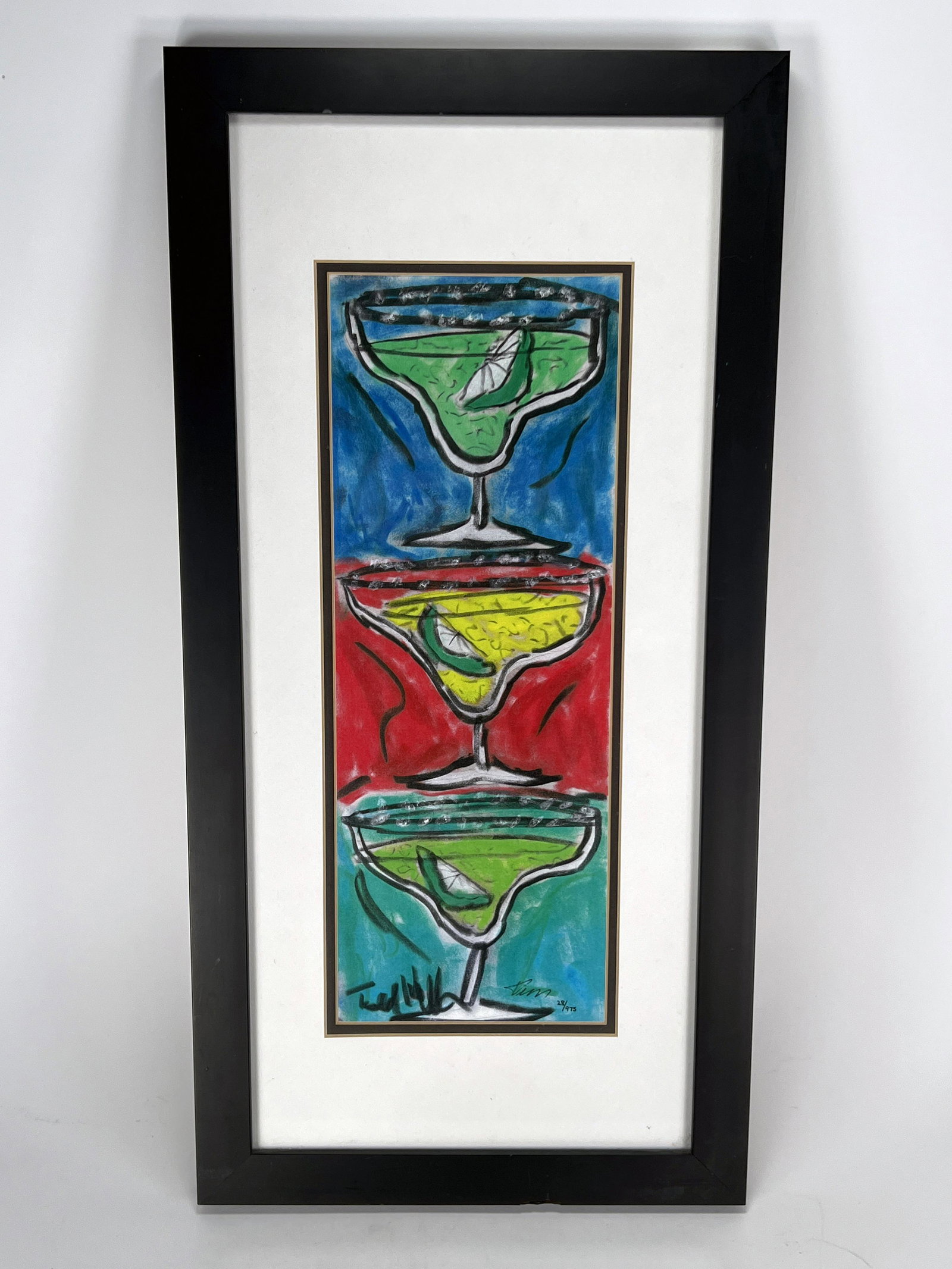 MARGARITA GLASSES SIGNED NUMBERED TODD WALH: MARGARITA GLASSES SIGNED NUMBERED TODD WALH Colorful pop art style. Signed lower left. Numbered 28/975 *frame has dent 12" X 24 1/4"