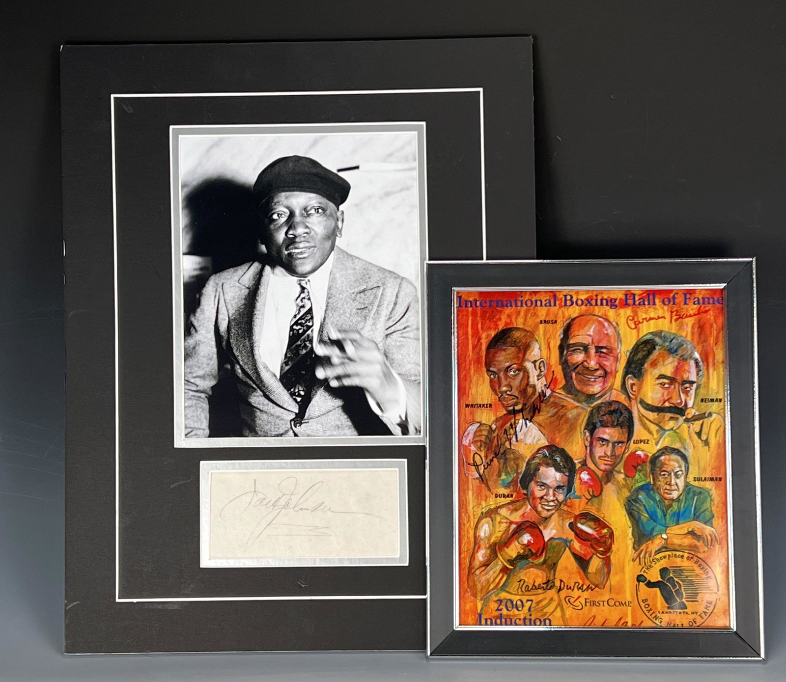 SIGNED 2007 BOXING HALL OF FAME POSTER & JACK JOHNSON: SIGNED 2007 BOXING HALL OF FAME POSTER & JACK JOHNSON AUTOGRAPH Poster with the 2007 inductees to the Boxing Hall of Fame with signatures. Double matted image of Jack Johnson and au