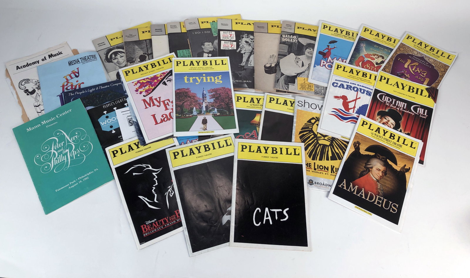 COLLECTION OF VINTAGE PLAYBILL MAGAZINES: COLLECTION OF VINTAGE PLAYBILL MAGAZINES With shows including Mary Poppins, My Fair Lady, Amadeus, Cats, Phantom of the Opera, Beauty and the Beast, and more.