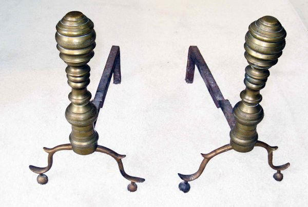 Brass andirons: A proud addition to any home: a good pair of early 19th century brass beehive form andirons of a smaller form. Not polished.