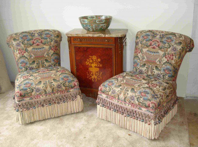 Custom Designer Settee and Slipper Chairs Set - 4