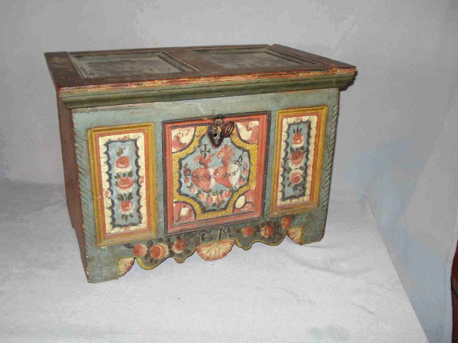 Paint decorated chest: A painted pine 18th or 19th century dower chest,12" X 17" X 11", smaller than most. Hand painted, dovetailed construction, interior till (hinges replaced) and original working lock and key.
