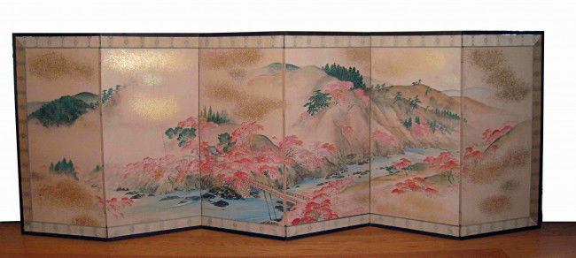 Six panel painted silk screen: An oriental folding painted silk screens showing hand painted landscapes in six partitions, with each panel 41 1/2" X 20", making the length at about 20 1/2' when extended.