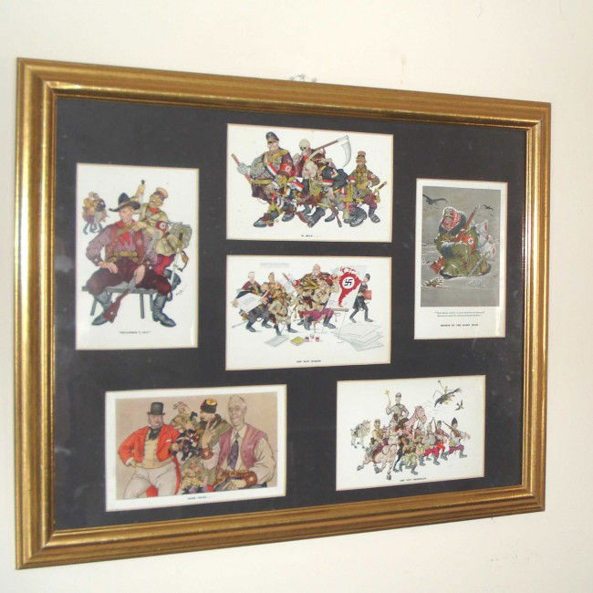 Arthur Szyk postcards: Framed melange of six post cards presented within one masked frame. Arthur Szyk (1894-1951) is a well-known and often exhibited artist as a renowned interwar period graphic artist and book illustrato