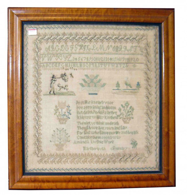 Cross stitch sampler: Samplers make a good accent for the interiors of Americana Collectors, especvially better examples, such as this. This maple framed sampler by Amanda DuBois of Marlborough Seminary, is probably of ear