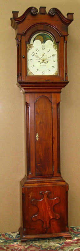 Tall case clock by Jacob Kling: A walnut tall case clock signed "JACOB KLING READIN PA". Since misspellings of both names and places was commonplace the early rural America, we attribute the clock to Jacob Klingman of Reading (1758-