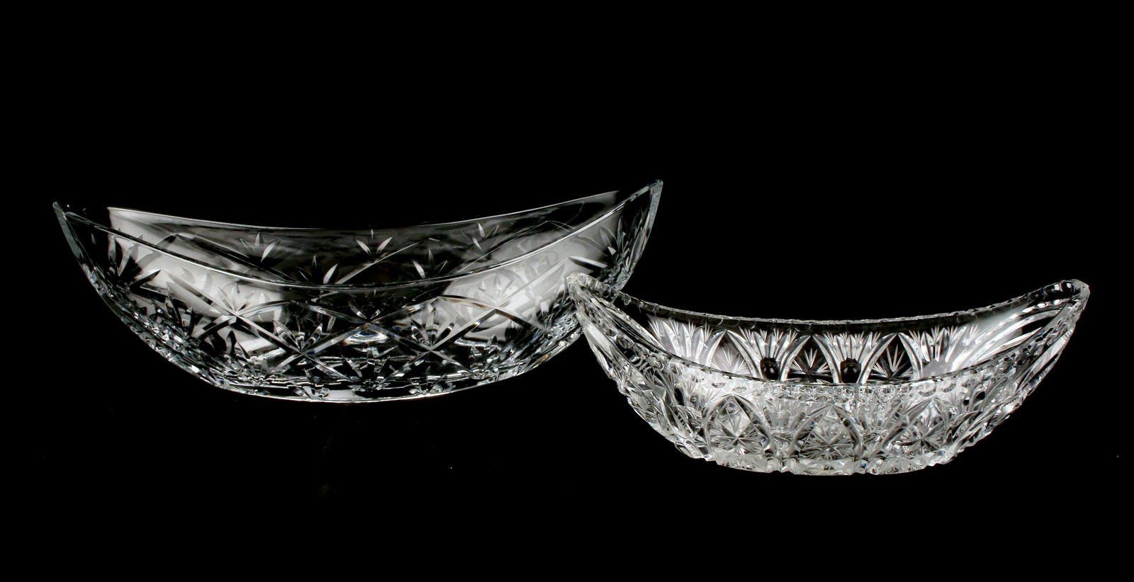 TWO CUT GLASS BOAT SHAPED SERVING BOWLS (1 of 3)