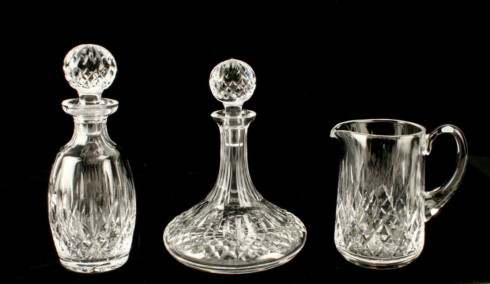 WATERFORD LISMORE PITCHER & TWO DECANTERS (1 of 5)