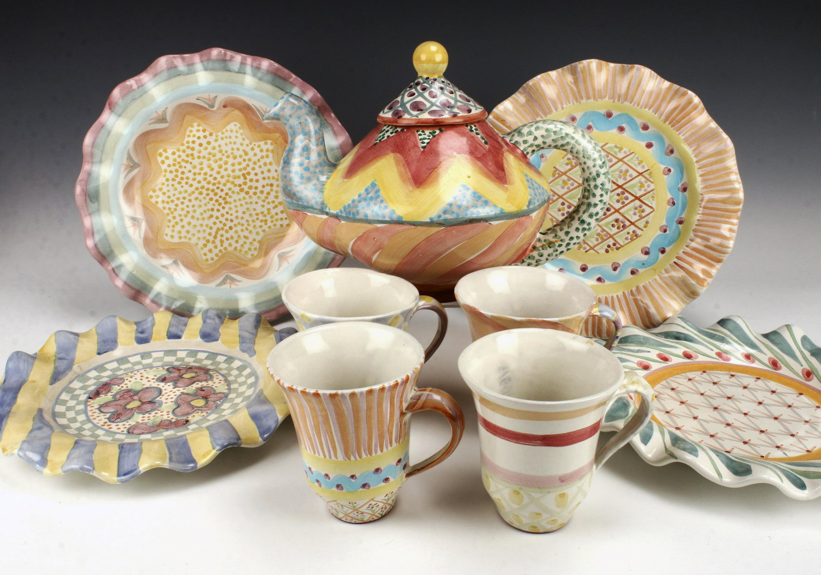 MACKENZIE CHILDS TEAPOT, CUPS, PLATES (1 of 5)