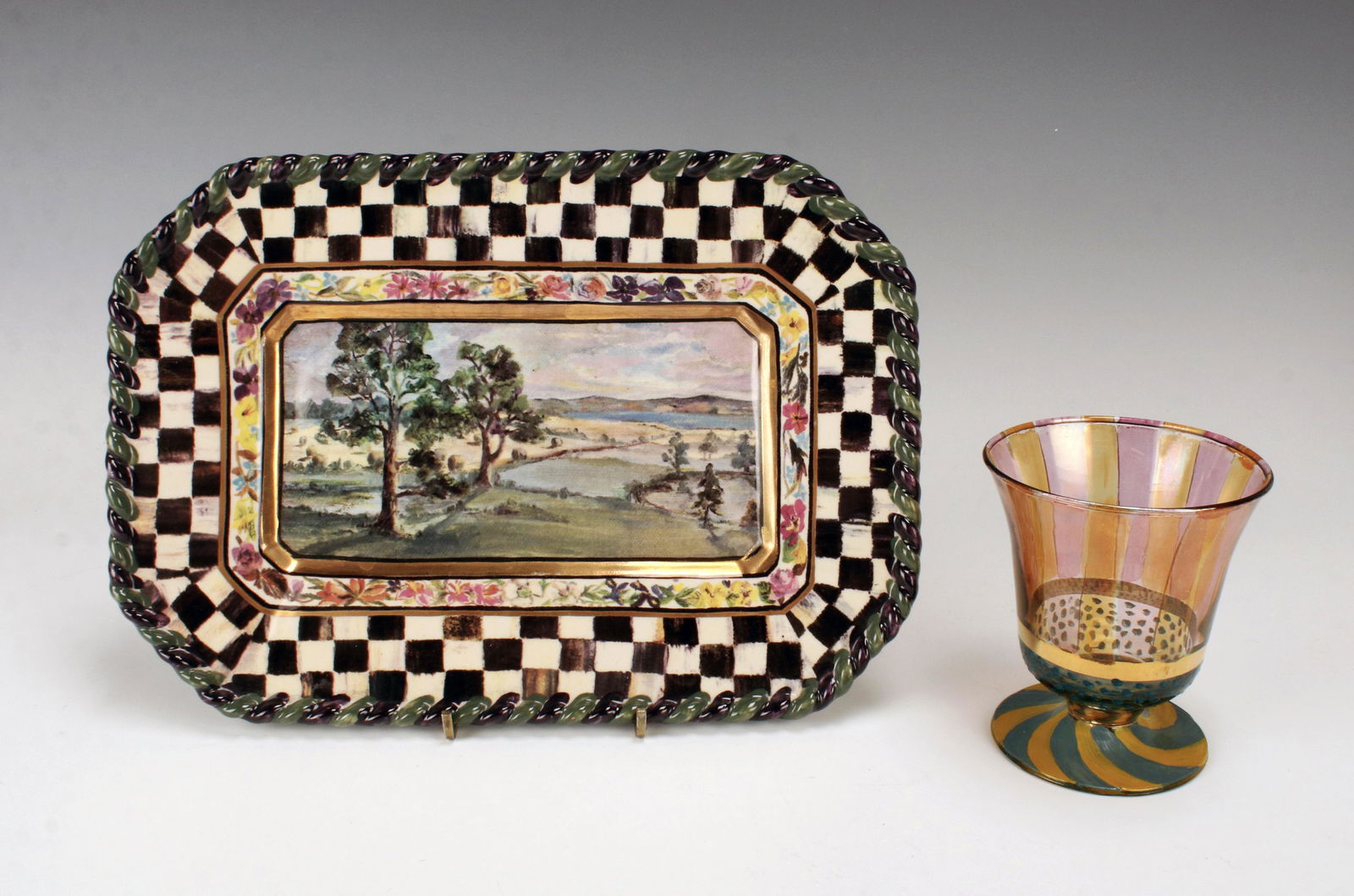 MACKENZIE CHILDS GOBLET & SMALL SCENIC PLATTER (1 of 5)