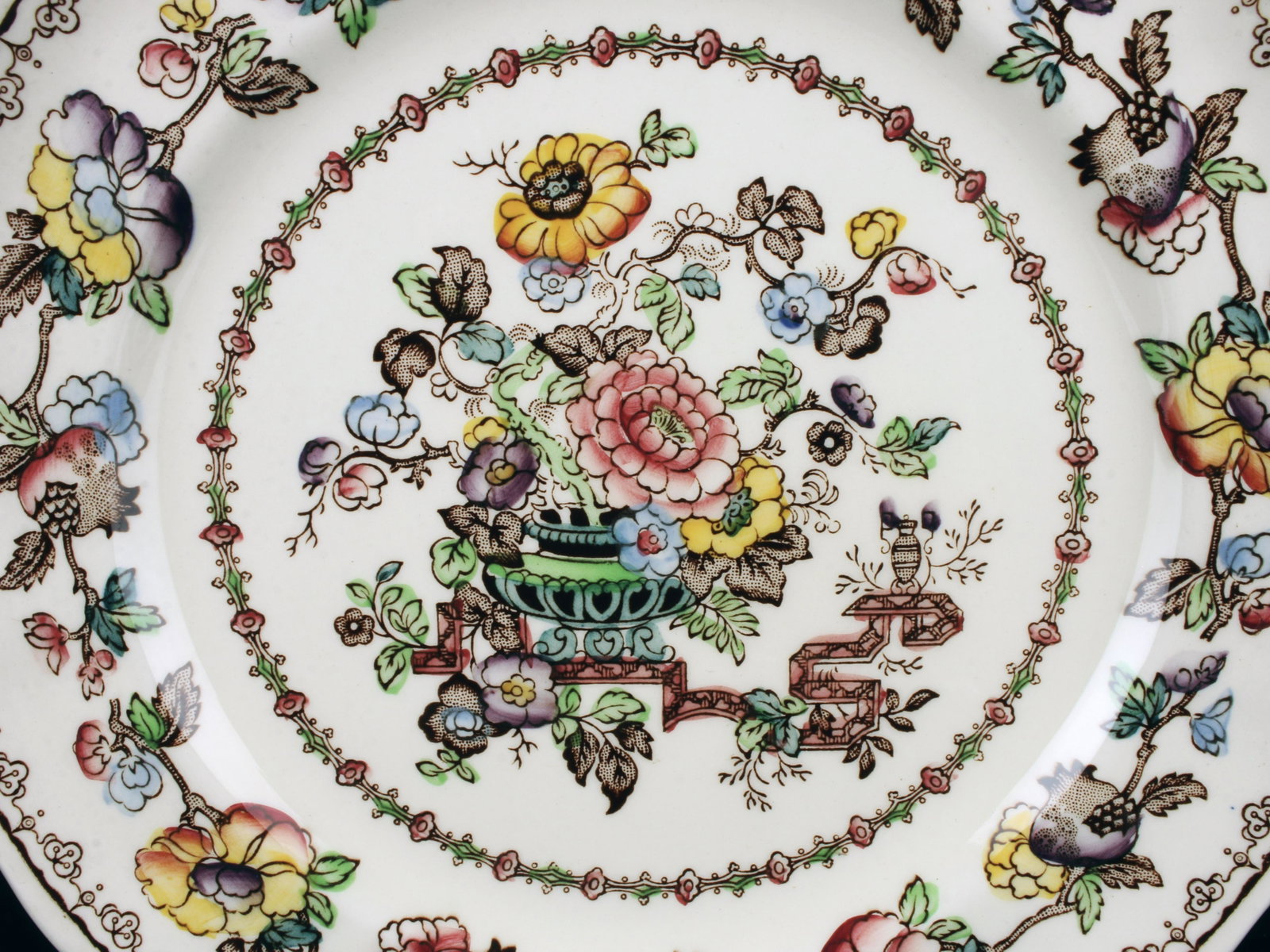 MASON'S IRONSTONE NABOB DISHES: MASON'S IRONSTONE NABOB DISHES 3 Bowls and 3 plates with flowers decorating the edges and center, marked on bottom 8" Shipping: