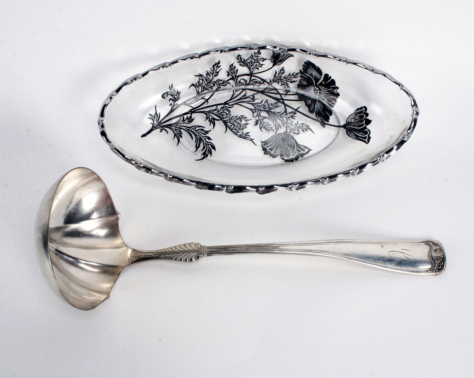 LARGE GORHAM LADLE & SILVER OVERLAY DISH (1 of 4)
