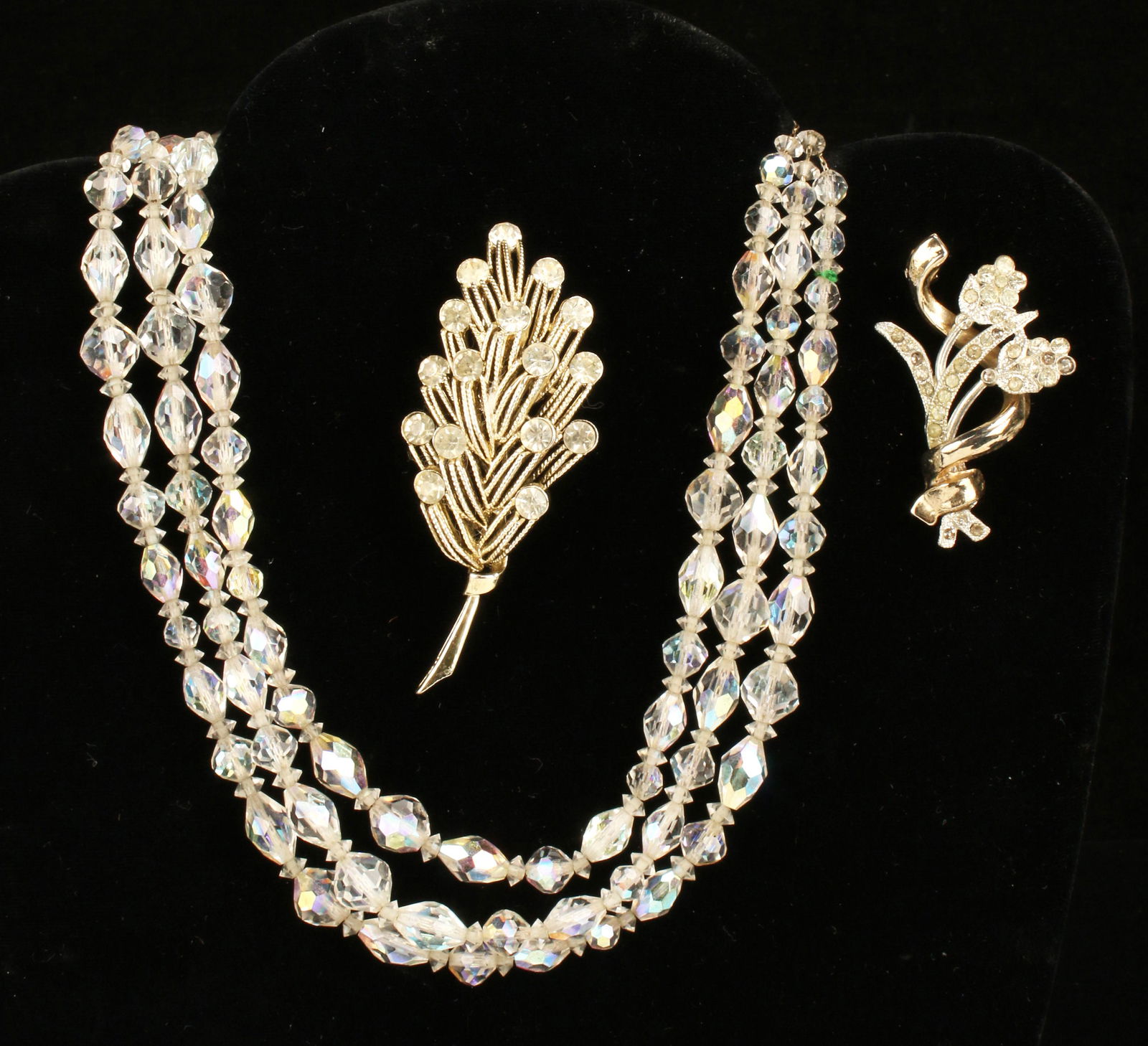 TRIPLE STRAND CRYSTAL & TWO RHINESTONE PINS (1 of 3)