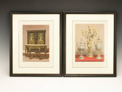 TWO VINTAGE INTERIOR DESIGN PRINTS LONDON: TWO VINTAGE INTERIOR DESIGN PRINTS LONDON Plate 252 Buhl Cabinet & table by Toms & Luscombe, London. Plate 202 Silver Vases by Hunt & Roskell, London.