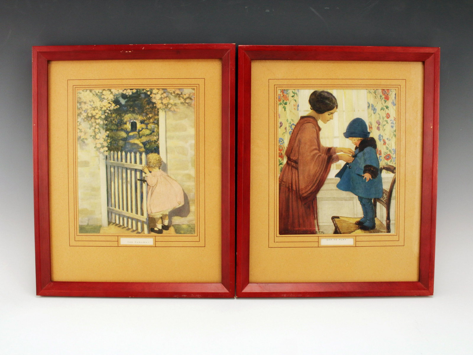 TWO CHILDRENS PRINTS JESSIE WILCOX SMITH: TWO CHILDRENS PRINTS JESSIE WILCOX SMITH Print of a little girl at a garden gate with The Runaway written below, and marked Campbell Prints Inc. Mother buttoning up her child's coat wit