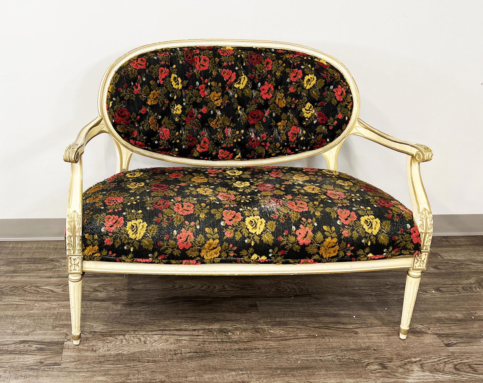 FRENCH PROVINCIAL LOVESEAT BENCH WITH FLORAL UPHOLSTERY (1 of 3)