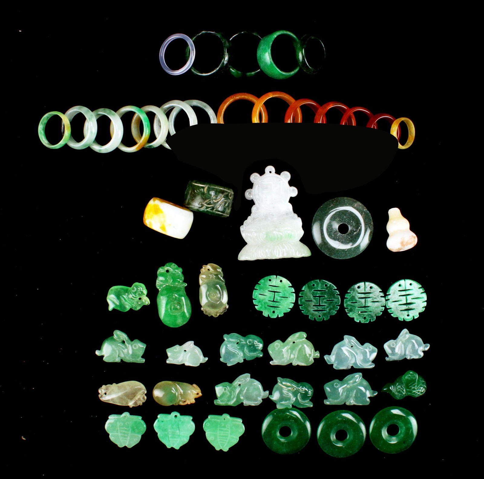 LARGE LOT OF MULTICOLOR JADE RINGS, PENDANTS (1 of 5)