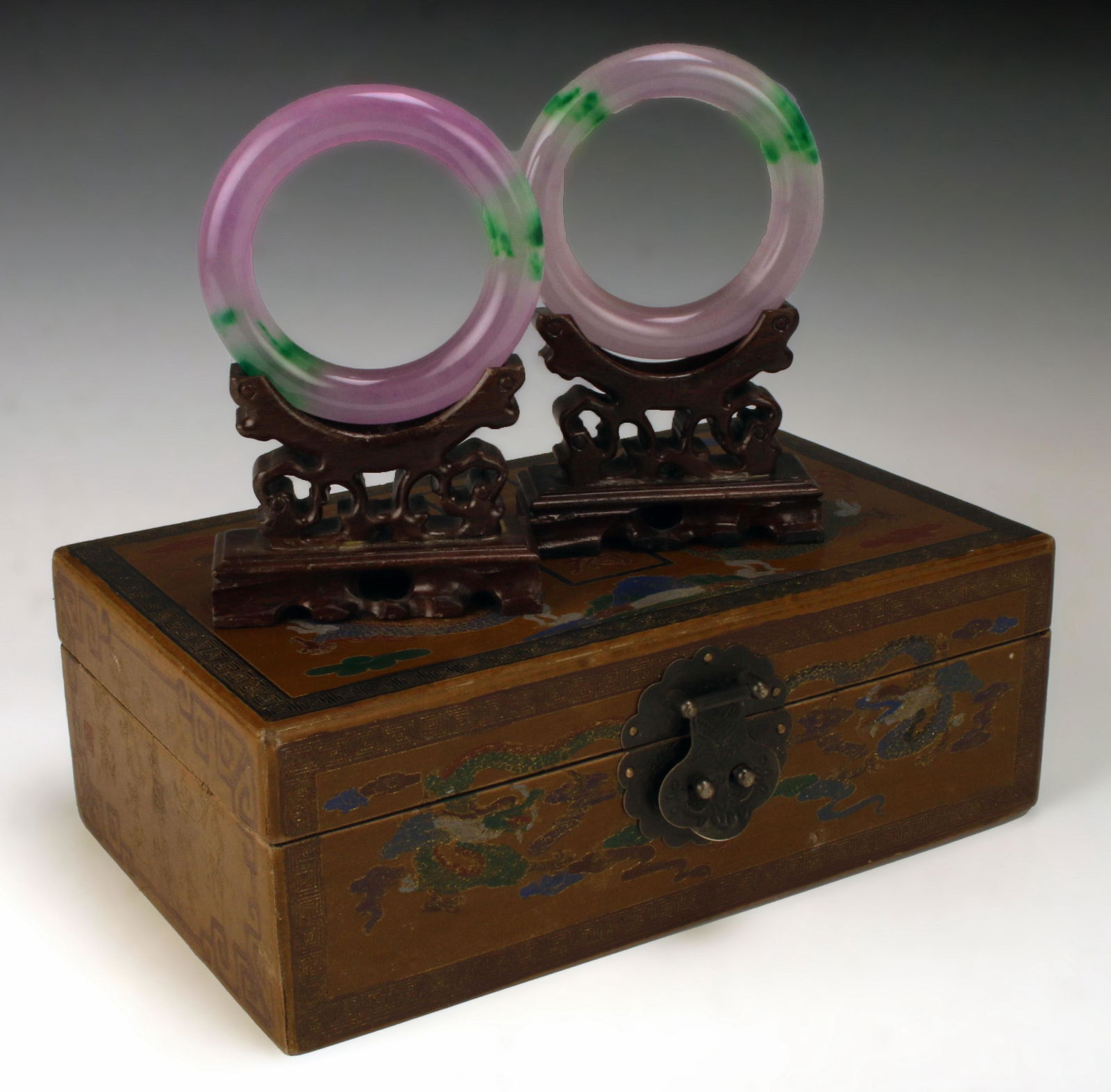 LAVENDER & GREEN JADE BANGLES IN BOX (1 of 6)