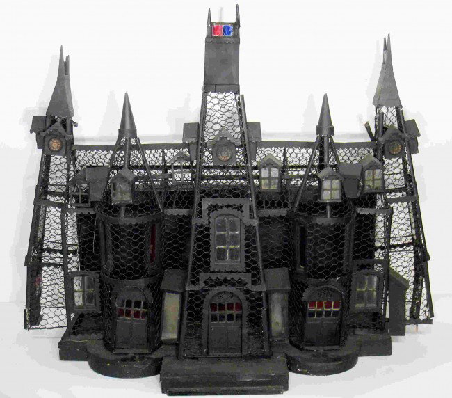 Folk Art Bird Cage Or Garden Ornament: Of painted wire of a mansion with towers, turrets, and dormers, some with stained glass. Imperfections. 37" High, 45" long, and 21" deep.