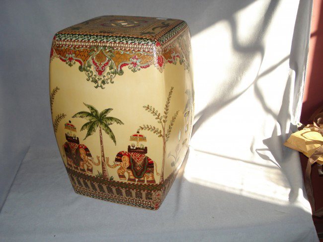 Porcelain Garden Stool: 18" high X app. 12" square poly color glazed with images suggesting India.