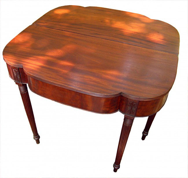 Hepplewhite Gaming Table: Solid and carved mahogany gaming table with a swing our leg to support the fold over top, probably Philadelphia, ca 1820.
