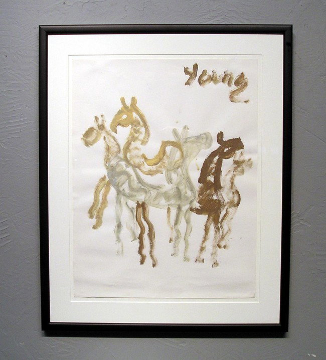 Five Horses By Purvis Young: A watercolor or tempera of horses by Purvis Young (American, 1943- 2008), a black outsider artist. Measures 33" X 27".