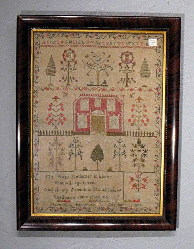 Rosewood Framed Sampler: Sampler by Mary Guy, October 1st 1814, having a rosewood frame with a Stratford-on-Avon framer's label and a tag stating it was "Given to my mother...". Measures 20" X 15". Sentiment: "My dear redeeme