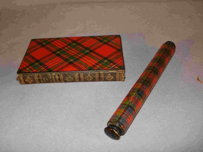 Tartan Ware Items: A small Tartan ware book 3 1/2" X 5 1/5 ,"The Lay of the Last Minstrel" Published in Edinburgh by A & C Black, 1862, together with a tartan ware desk roller.