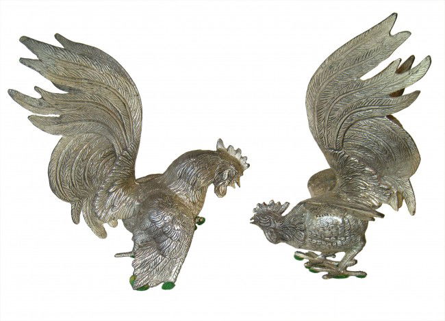 Two Silver Toned Metal Roosters: Two cast metal roosters.