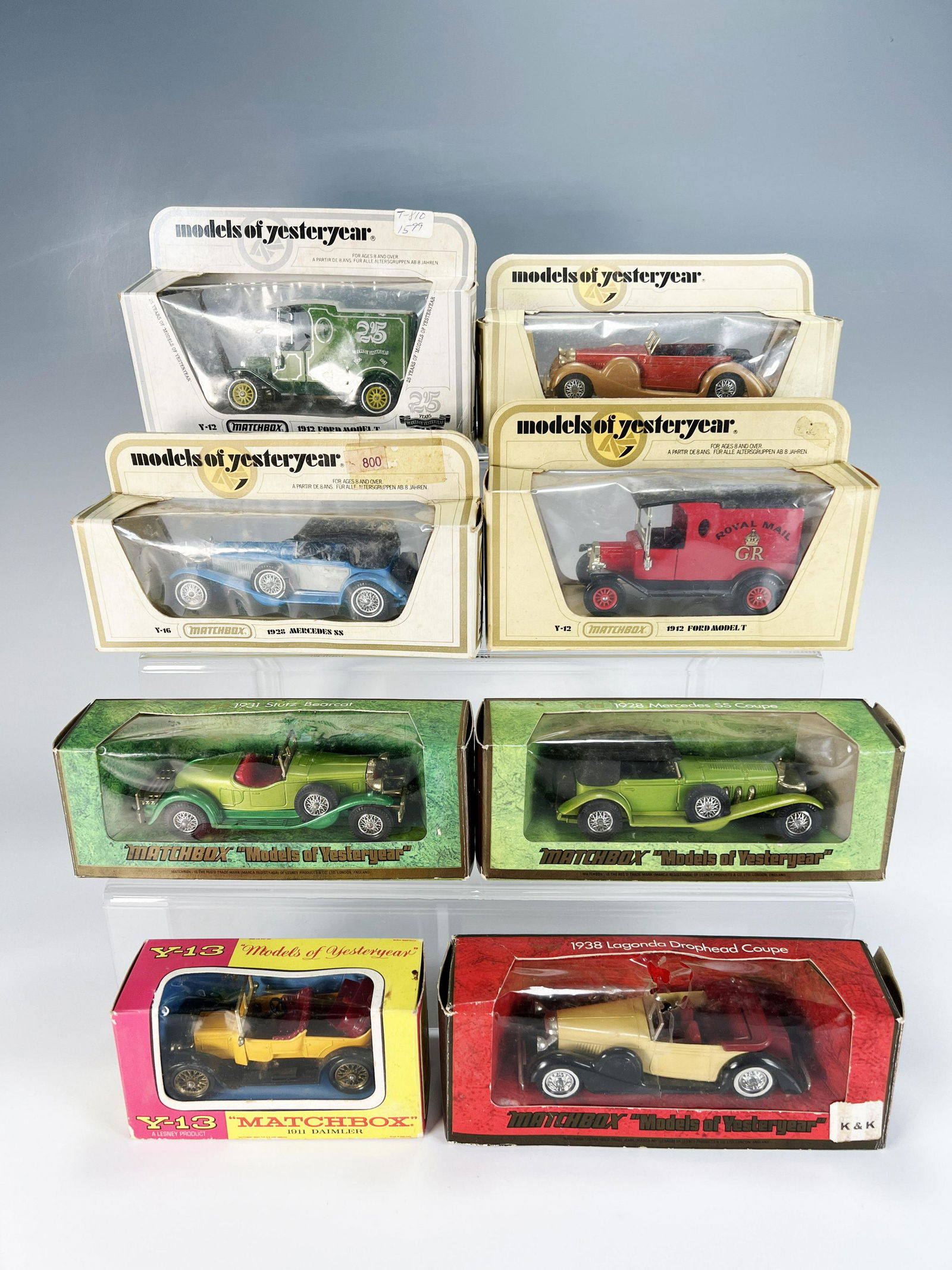 MATCHBOX MODELS OF YESTERYEAR: MATCHBOX MODELS OF YESTERYEAR 1912 Ford Model T, 1938 Lagonda, 1928 Mercedes SS, 1912 Ford Model T, 1938 Lagonda Drophead Coupe, 1928 Mercedes SS Coupe, 1931 Stutz Bearcat, and 1911 Daim