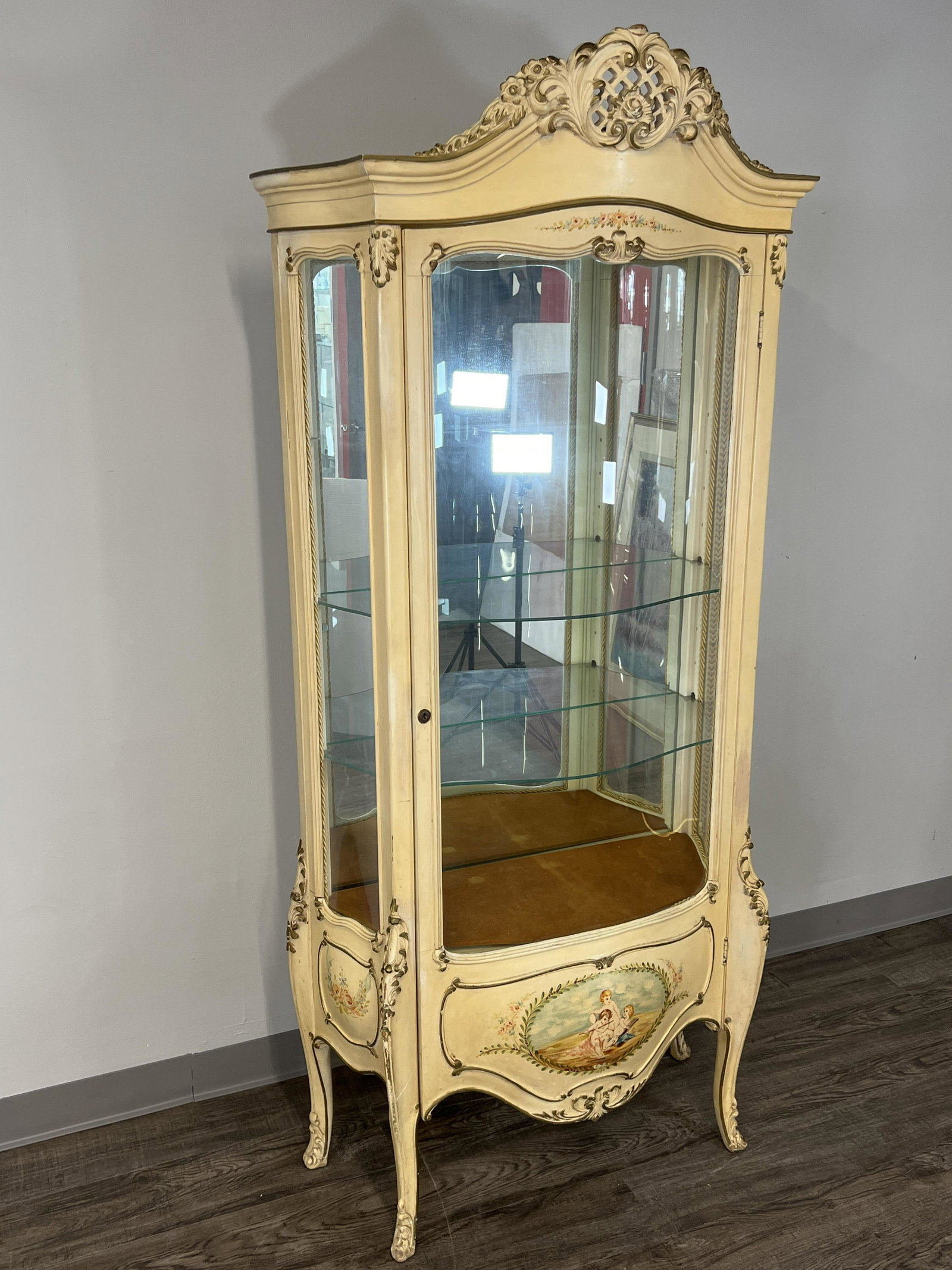FRENCH PROVINCIAL VITRINE GLASS DOOR CABINET: FRENCH PROVINCIAL VITRINE GLASS DOOR CABINET Hand painted scenes on front and sides. With three glass shelves, missing two inserts to place third shelf. Mirror on back. Other coordinati