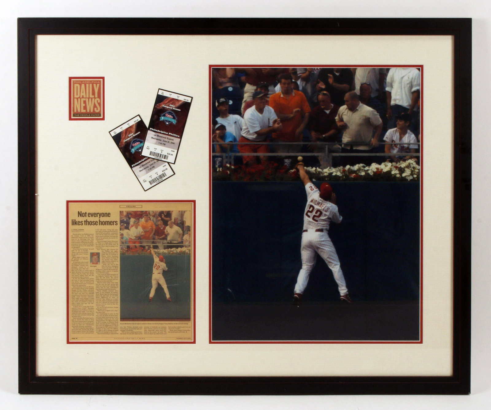 PHILLIES CITIZEN BANK PARK INAUGURAL GAME DISPLAY: PHILLIES CITIZEN BANK PARK INAUGURAL GAME DISPLAY Tickets, newspaper clipping, and photo commemorating the inaugural game at Citizens Bank Park. 38" x
